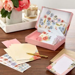 Hallmark Pink Floral Stationery Set And Desk Organizer Box -Hallmark Pink Floral Stationery Set and Note Cards in Box 5STZ1186 06